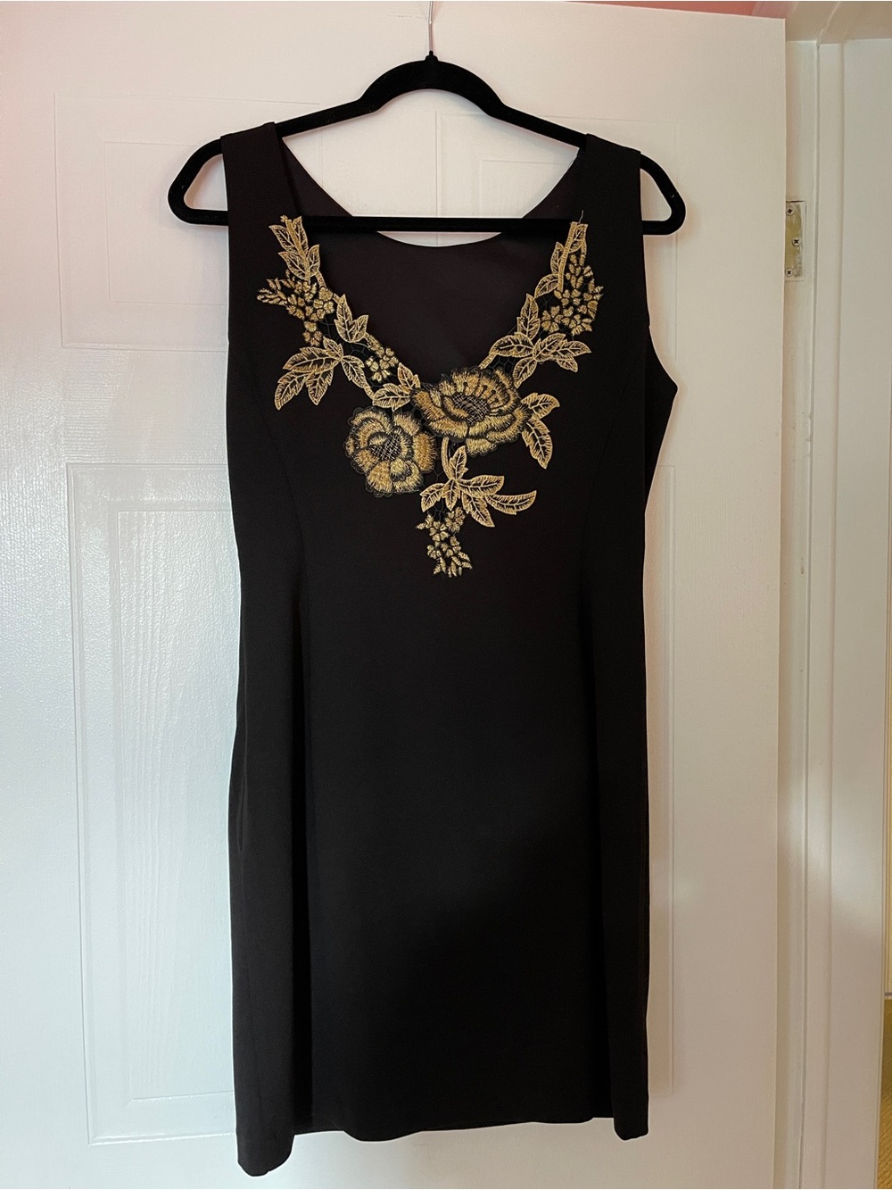 Black Midi Dress with Gold Floral Appliqué